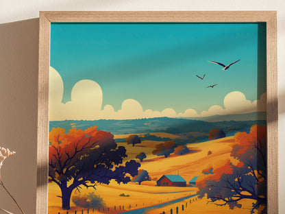 A framed poster depicts a vibrant landscape with rolling hills, colorful autumn trees, distant mountains, and birds flying in a blue sky. A small farmhouse is nestled in the scene.