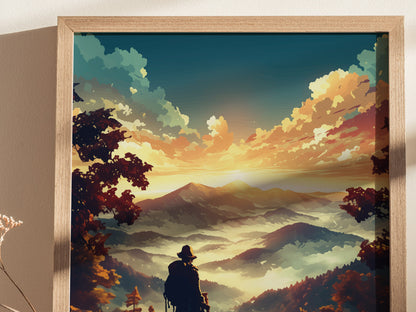 A framed poster depicting a scenic view of rolling mountains with vibrant trees and a hiker silhouetted against a dramatic sunset sky. The artwork features rich colors and misty valleys.