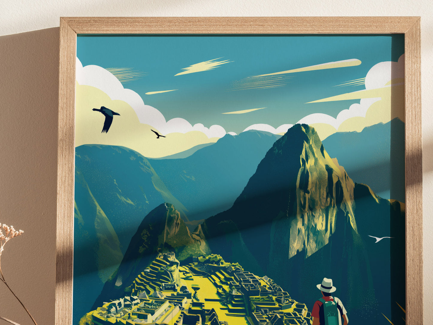 Illustrated poster of Machu Picchu with vibrant blue skies, mountains, and a traveler wearing a hat and backpack. Birds soar above the ancient ruins, adding a sense of adventure.