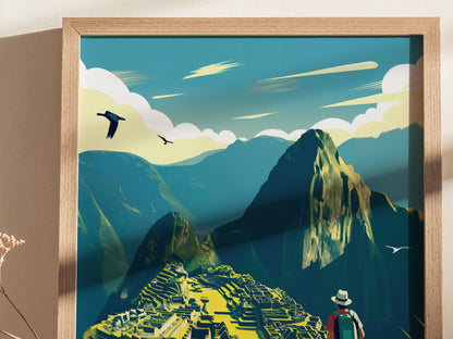Illustrated poster of Machu Picchu with vibrant blue skies, mountains, and a traveler wearing a hat and backpack. Birds soar above the ancient ruins, adding a sense of adventure.