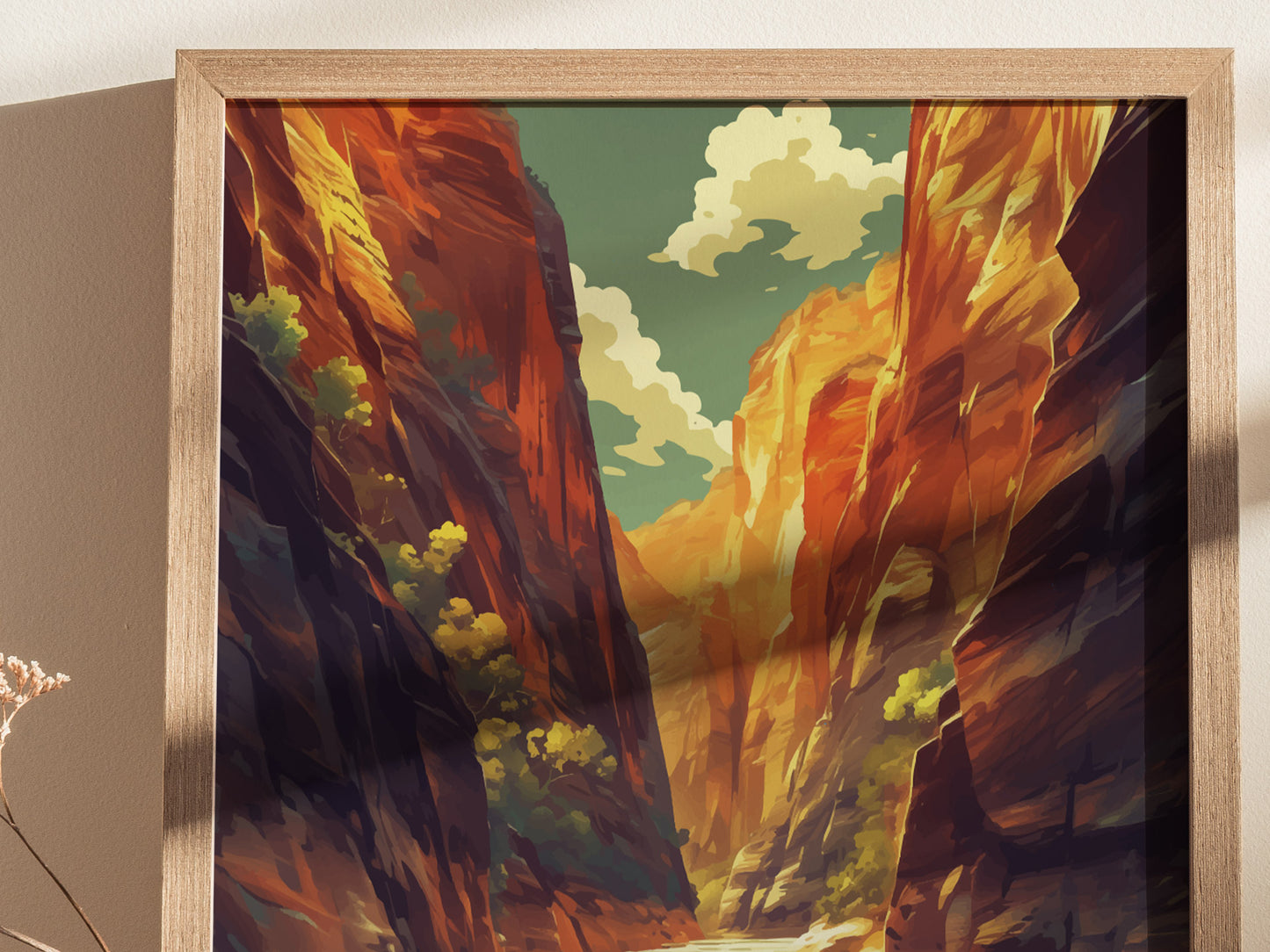 A framed poster depicting a vibrant canyon scene with towering red rock cliffs under a partly cloudy sky, featuring subtle greenery and illuminated by warm sunlight.