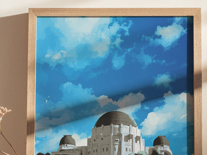 Framed illustration of Griffith Observatory under a vibrant blue sky with fluffy clouds. The artwork showcases the observatorys domes and architectural details in a modern, stylized design.