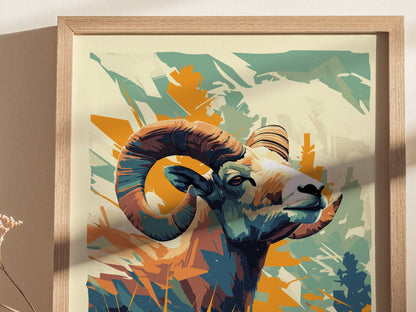 Bighorn Ram Modern Wildlife Poster | Mountain Cabin Wall Art | Framed or Unframed