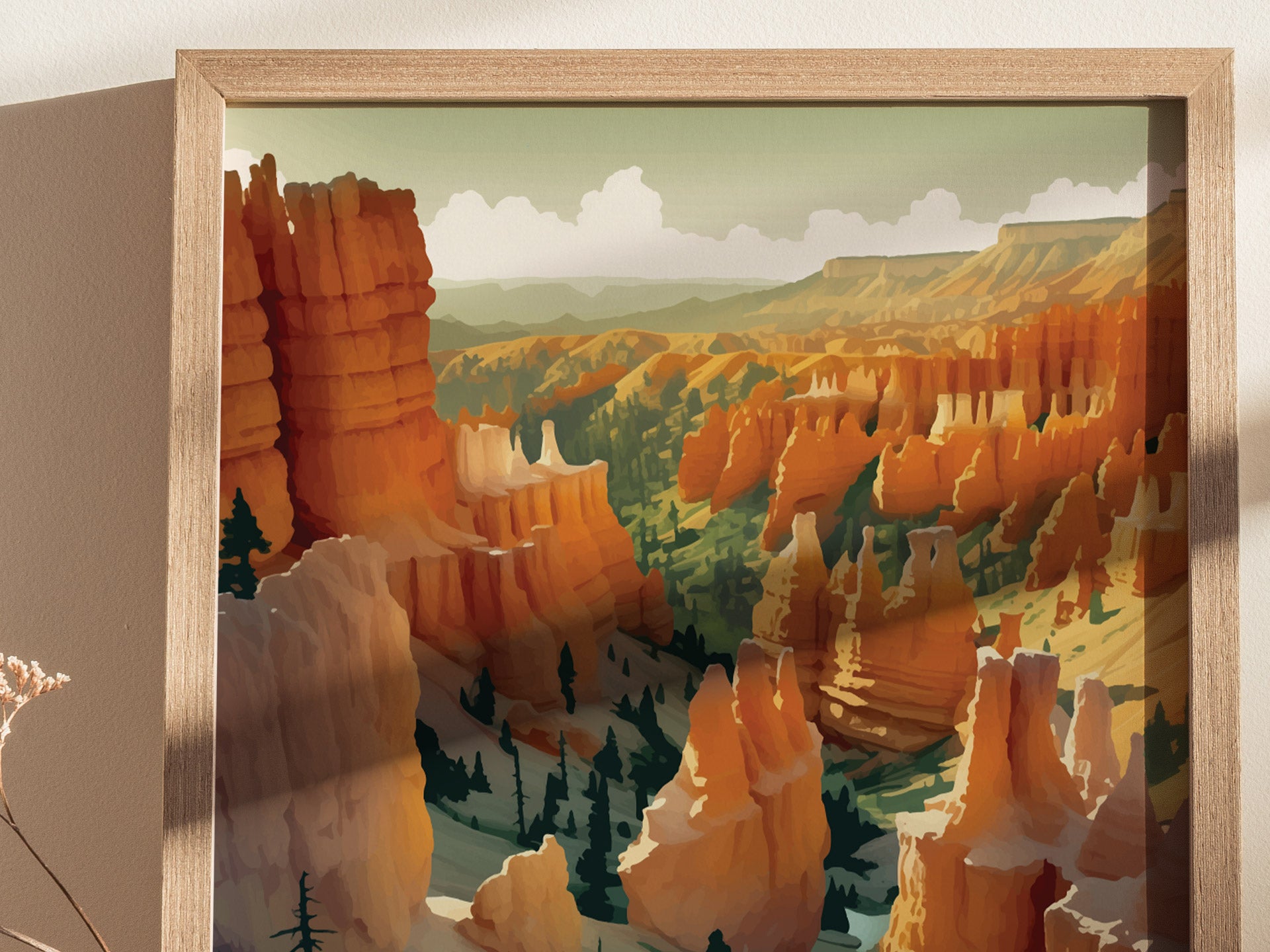 Framed artwork depicting Bryce Canyons vibrant hoodoos in warm orange and red hues, with green valleys and a cloudy sky, creating a stunning representation of Utahs natural beauty.