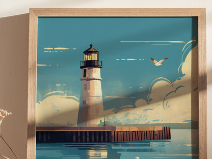 A framed illustration of a lighthouse on a pier, set against a turquoise sky with clouds and a seagull in flight. The artwork exudes a serene coastal vibe.
