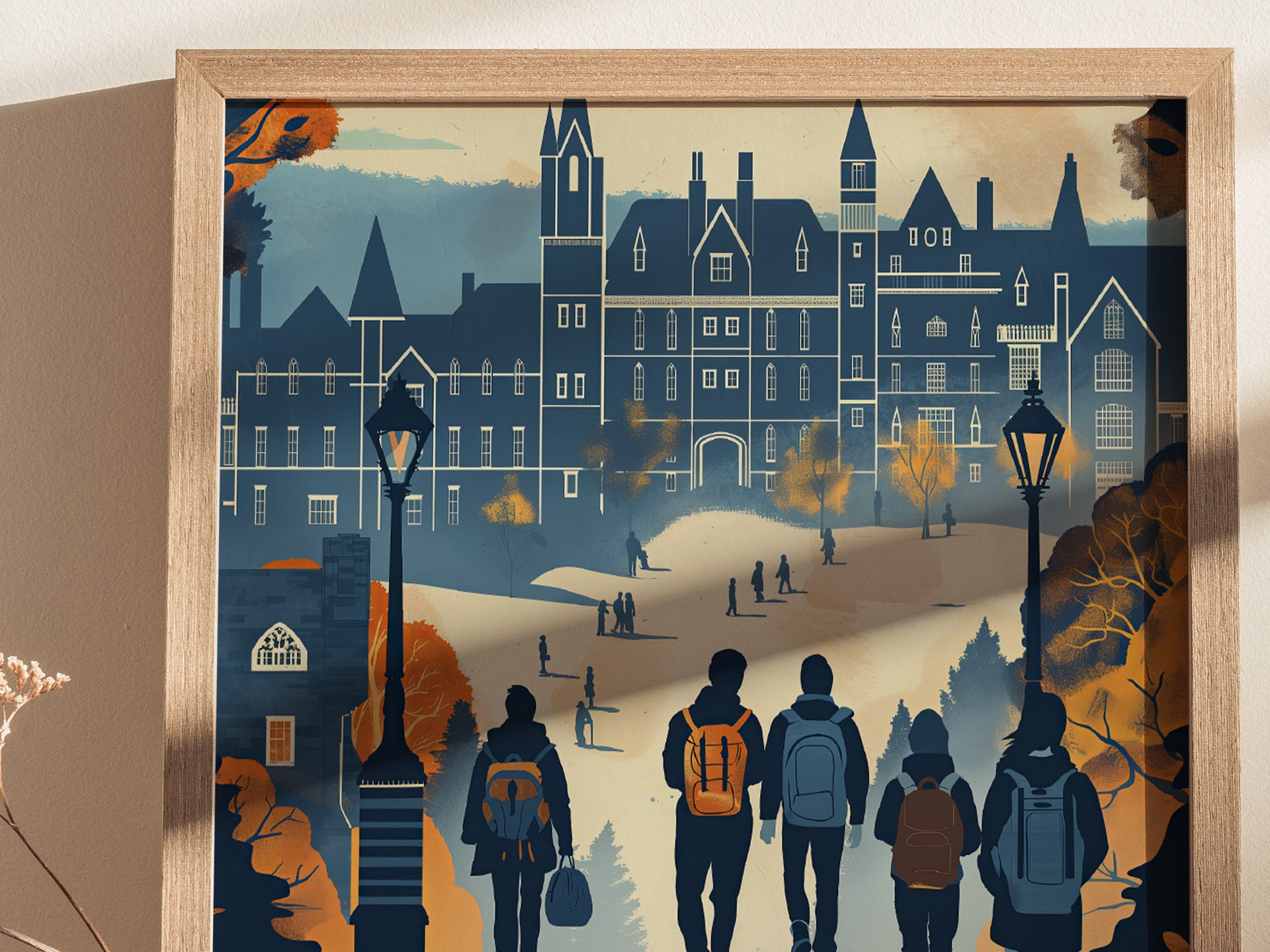 Illustration of a campus scene with students walking towards a Gothic-style building, surrounded by trees and lampposts, in a warm color palette. Framed artwork capturing academic ambiance.
