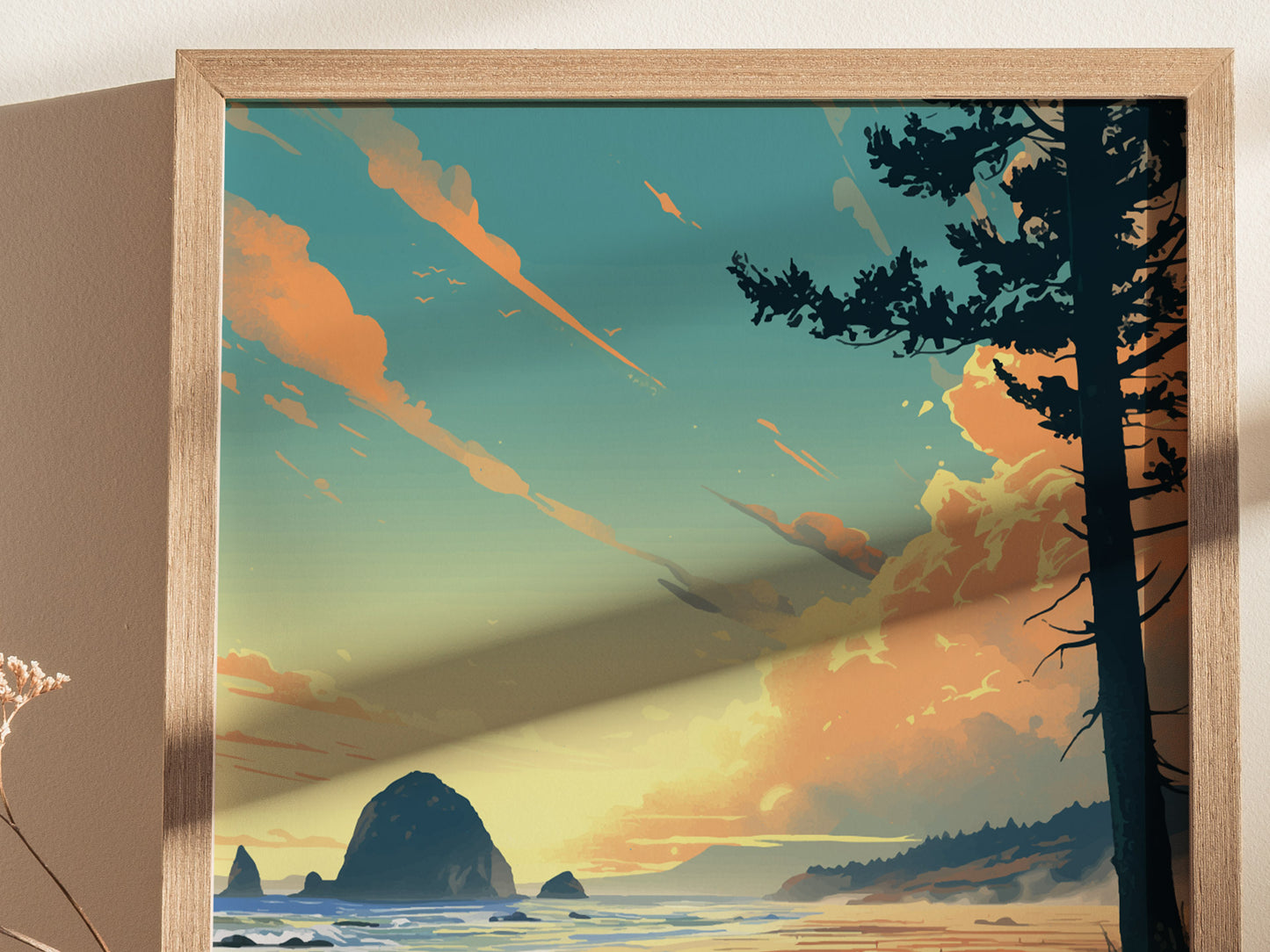 Framed poster depicting a stylized sunset over Cannon Beach, Oregon, featuring Haystack Rock, vibrant clouds, and silhouetted trees. The serene coastal scene captures Oregons natural beauty.