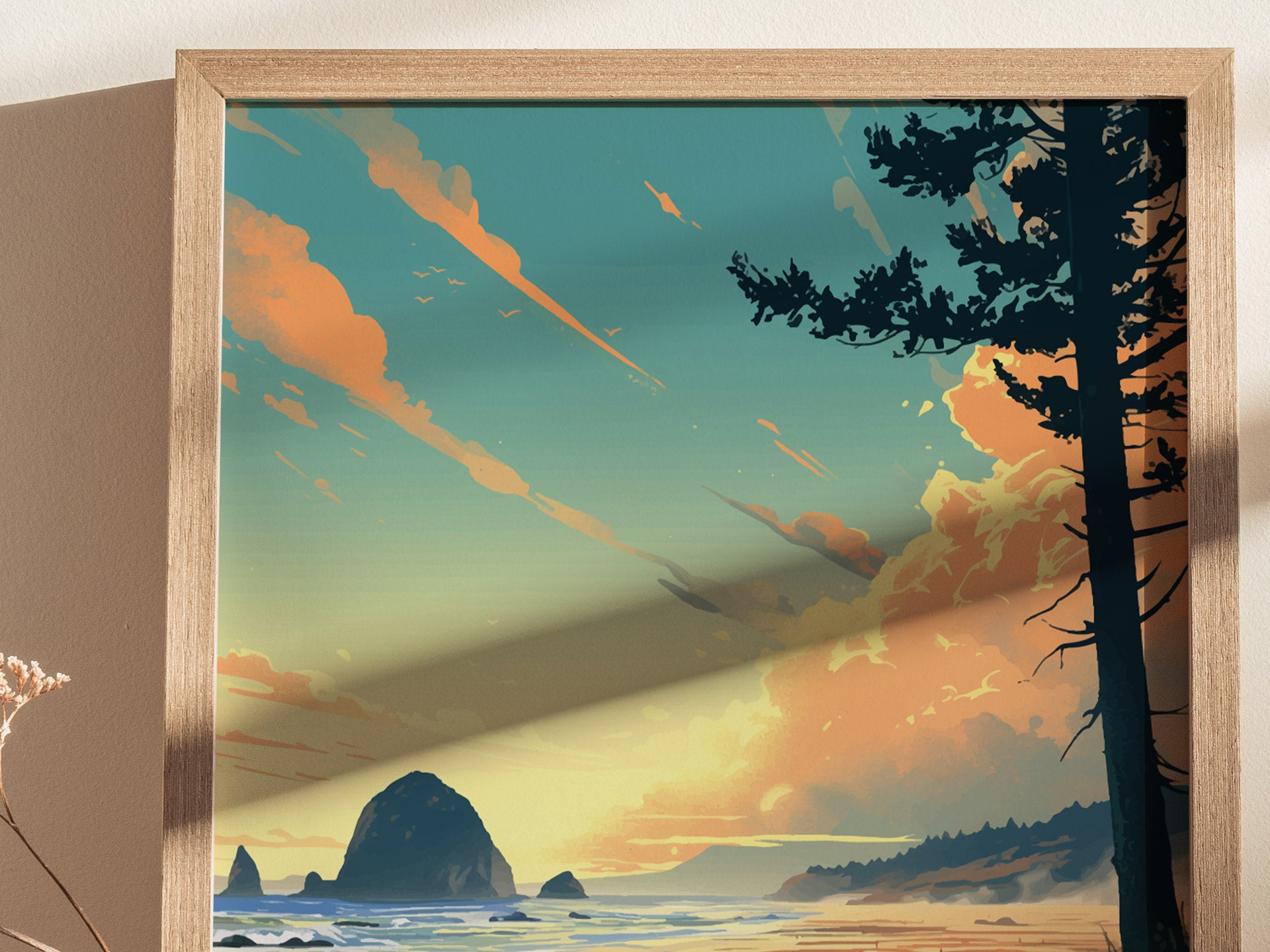 Framed poster depicting a stylized sunset over Cannon Beach, Oregon, featuring Haystack Rock, vibrant clouds, and silhouetted trees. The serene coastal scene captures Oregons natural beauty.