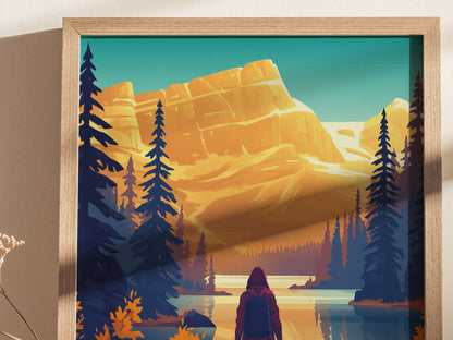 A framed poster depicts a stylized landscape with a person in a hooded jacket facing a tranquil lake, surrounded by tall evergreens and majestic golden mountains under a clear sky.