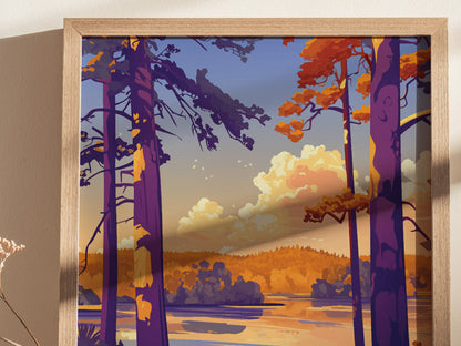 Colorful illustration of a scenic landscape featuring tall trees with vibrant purple trunks and orange foliage, set against a backdrop of clouds and a serene lake. Framed art piece.