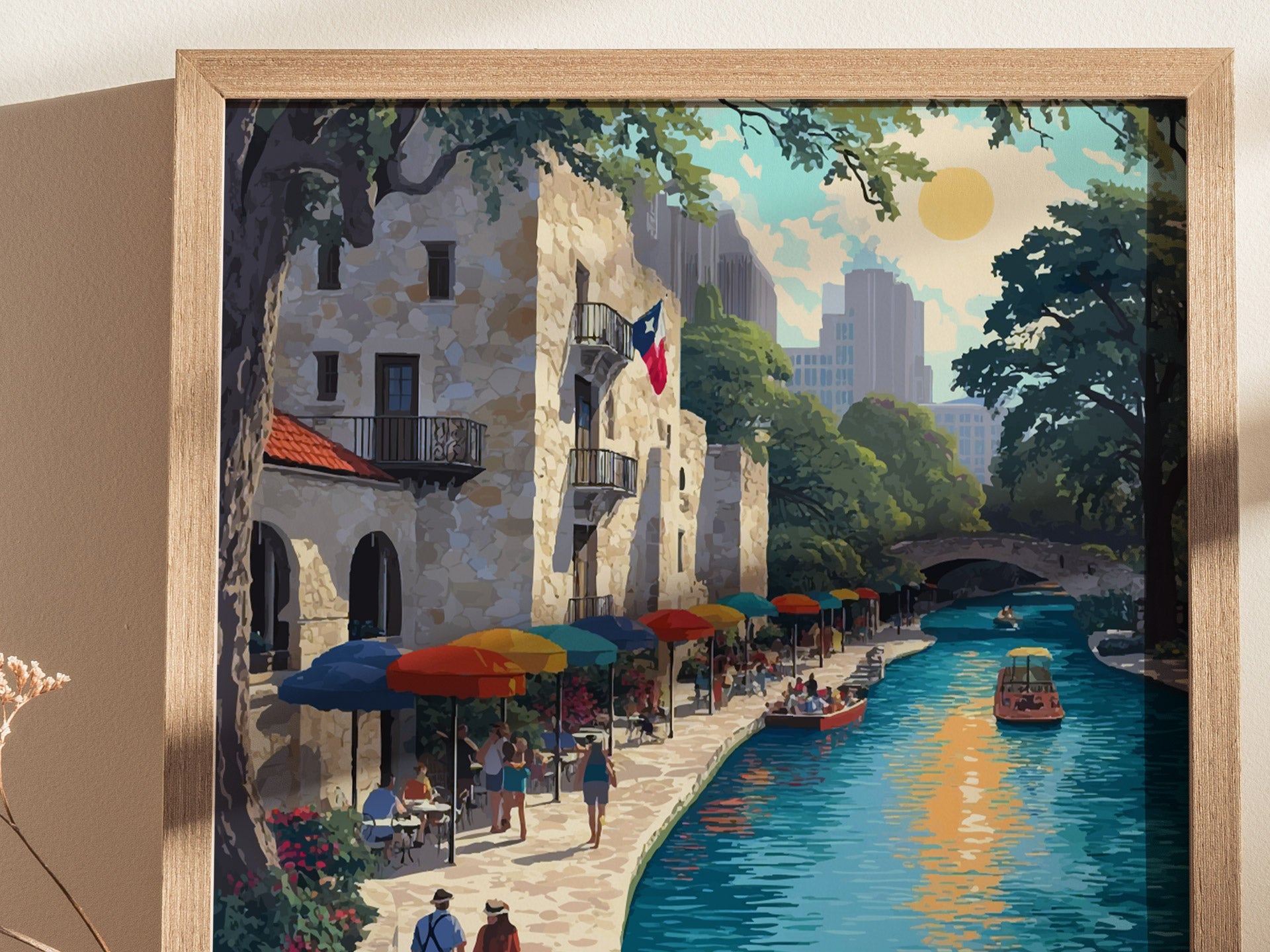 A vibrant illustration depicts San Antonios River Walk, featuring colorful umbrellas, a stone building with a Texas flag, boats on the water, and lush trees under a bright sun.