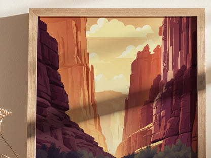 A framed art print depicting a canyon scene with towering red rock cliffs under a cloudy yellow sky. Shadows play across the artwork, adding depth to the vibrant landscape.