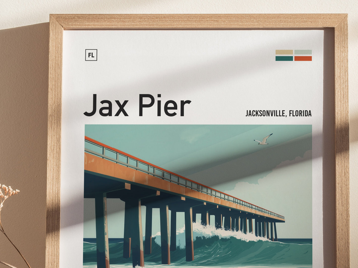 Framed poster of Jax Pier in Jacksonville, Florida, featuring a stylized illustration of a pier with crashing waves and a seagull in the sky. The poster has a modern design.