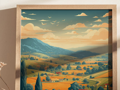 Framed artwork depicting a scenic landscape with rolling vineyards, tree-lined hills, and a warm sunset sky. The image features birds flying above the picturesque countryside, creating a tranquil atmosphere.