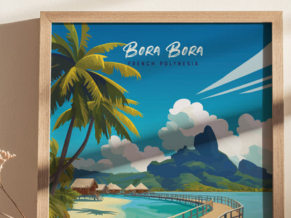 A framed travel print of Bora Bora depicts a tropical scene with palm trees, turquoise water, overwater bungalows, and lush mountains under a bright blue sky.