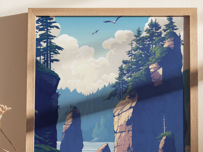 Illustrated poster depicting a scenic landscape with towering rock formations, lush pine trees, and birds flying in a clear blue sky. The artwork is framed in light wood.