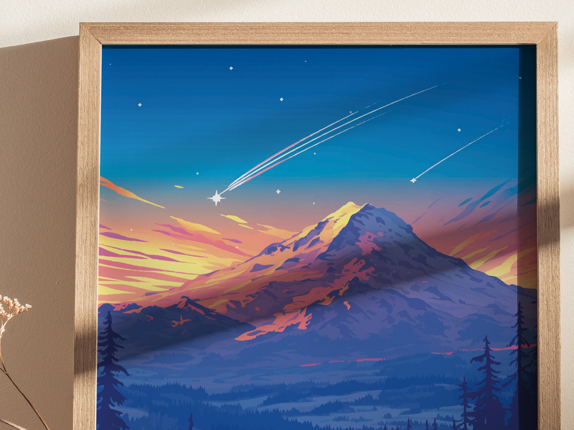 A framed poster depicts a stylized Mount Baker under a vibrant twilight sky, with shooting stars and colorful clouds creating a striking visual contrast against the mountain silhouette.