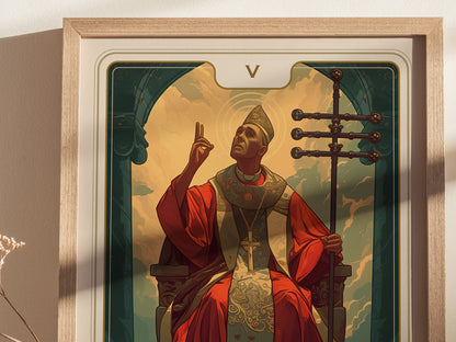 The image shows a framed Hierophant tarot card illustration featuring a spiritual figure in red robes, seated and gesturing upwards, holding a staff, set against a decorative background.