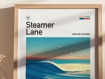 Framed poster depicting a stylized ocean wave with birds in flight against a colorful sky, labeled Steamer Lane, Santa Cruz, California. Minimalist design with a wooden frame.
