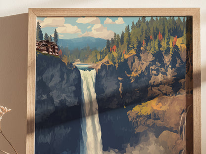 A framed artistic print depicts a waterfall cascading between rocky cliffs, surrounded by lush green and autumnal trees under a partly cloudy sky.
