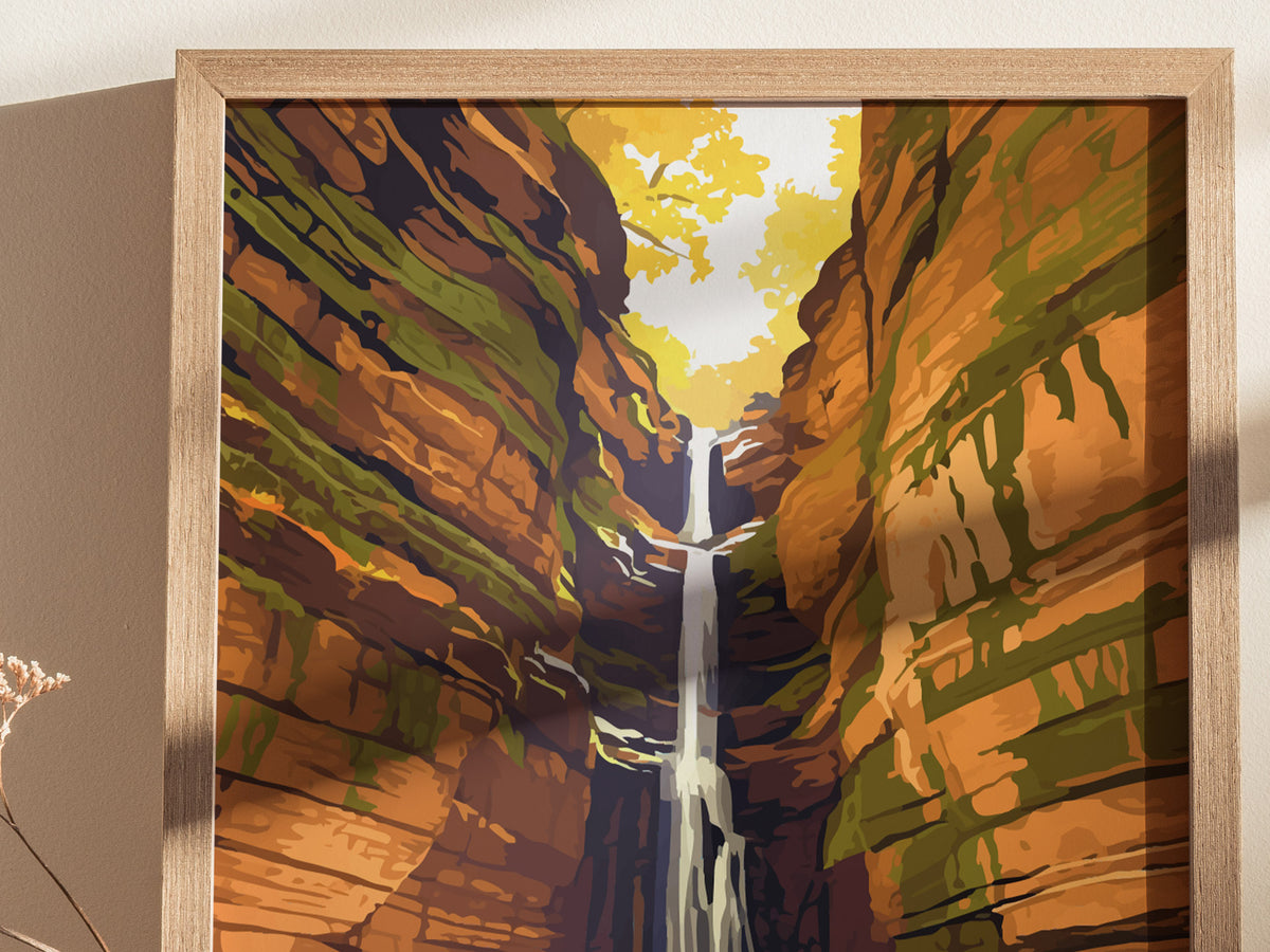 Starved Rock State Park, Illinois Poster | Canyon Waterfall Destination Print Wall Art — styled in a modern interior