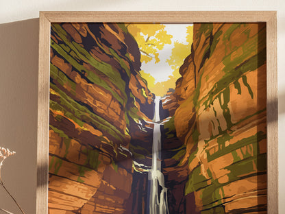 Starved Rock State Park, Illinois Poster | Canyon Waterfall Destination Print Wall Art — styled in a modern interior