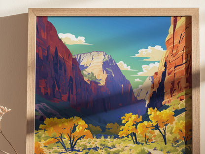 A framed poster depicts a colorful illustration of Zion National Park, featuring red canyon walls, a bright blue sky with clouds, and vibrant yellow trees in the foreground.