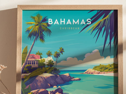 A framed Bahamas travel print features turquoise waters, lush palm trees, and a coastal landscape with a red-roofed building, capturing a vibrant tropical scene under a clear blue sky.