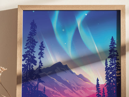 Framed artwork depicting the Northern Lights with vibrant green and blue hues over silhouetted pine trees and a mountainous landscape. The poster is presented in a light wooden frame.
