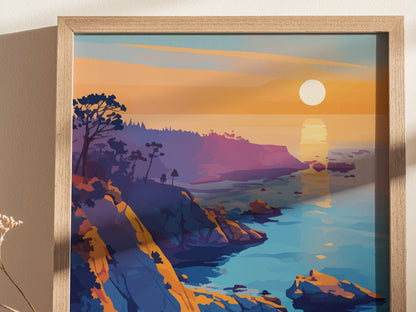 A vibrant poster depicts a stylized sunset over a rocky coastline with cliffs, trees, and the ocean. The artwork features rich hues of orange, purple, and blue.
