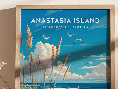 A framed poster of Anastasia Island, St. Augustine, Florida, depicting sea oats, seabirds, and blue skies over ocean waves. The artwork captures the serene coastal scenery beautifully.