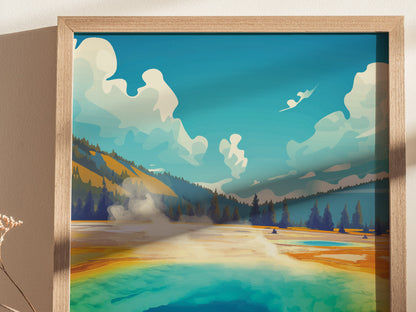 A vibrant art print depicting a colorful geothermal pool with surrounding forest and hills under a bright blue sky, framed in light wood.