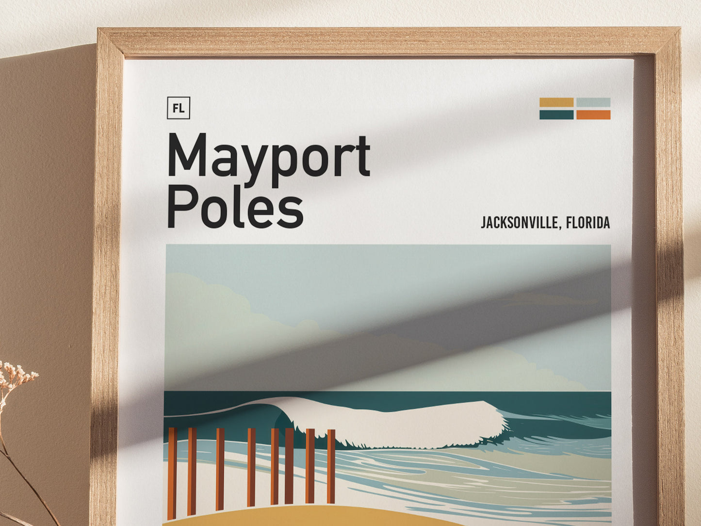 Framed poster titled Mayport Poles featuring a stylized illustration of waves and wooden poles at a beach in Jacksonville, Florida. The artwork is in a minimalist, travel-poster style.