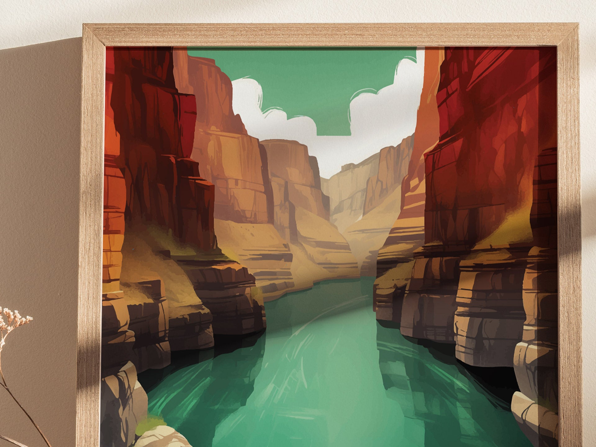A framed illustration of a canyon with towering red and brown cliffs and a serene turquoise river flowing through the center, set against a clear sky.