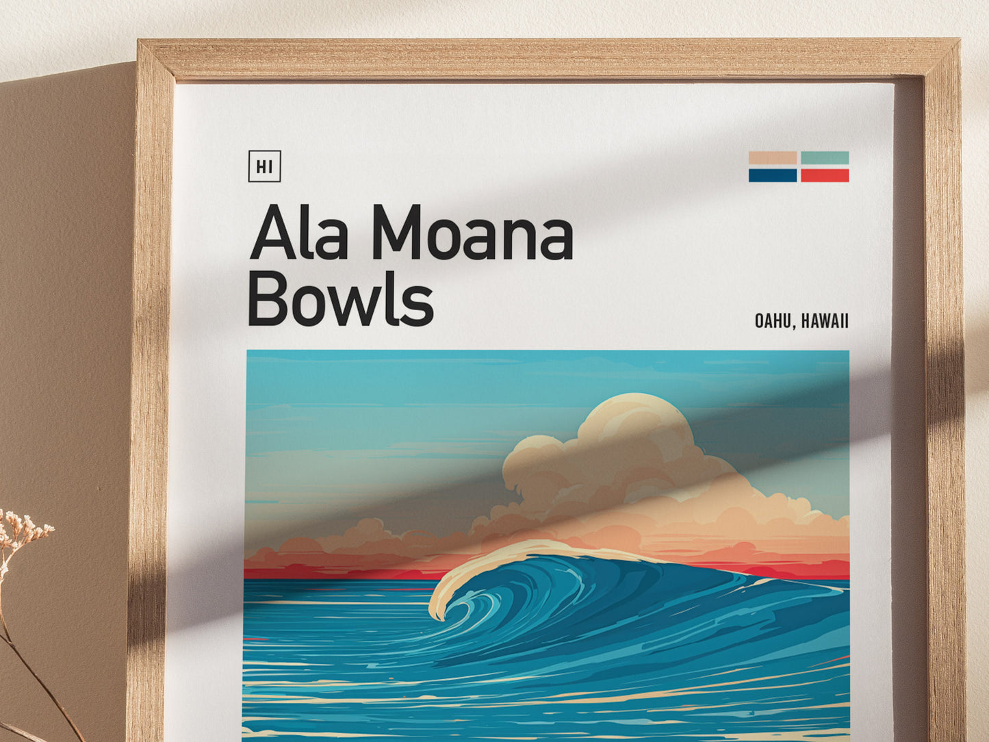 Framed poster titled Ala Moana Bowls featuring a stylized wave under a cloudy sky, with the words Oahu, Hawaii in the top right corner.