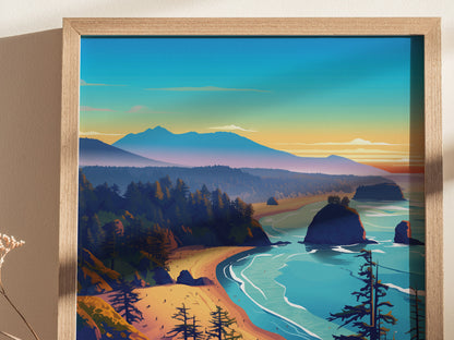 A vibrant poster of Harris Beach depicts a coastal scene with rugged cliffs, sea stacks, and a winding shoreline, set against a colorful sunset sky.