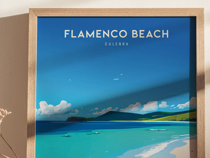 Framed artwork of Flamenco Beach, Culebra, featuring turquoise waters, white sand, and a clear blue sky with light clouds. The poster is set against a neutral wall background.