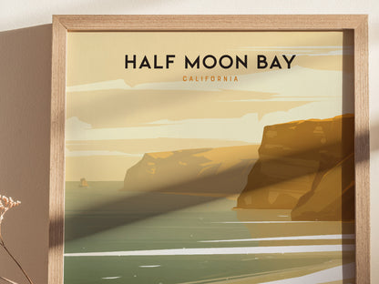 Framed poster featuring an illustration of Half Moon Bay, California, depicting golden cliffs and serene ocean waves under a soft, pastel sky. Shadows cast on the wall add depth.
