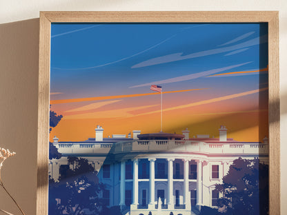 Framed illustration of the White House against a vibrant sunset sky, featuring bold colors and clean lines. An American flag waves atop the iconic neoclassical structure.