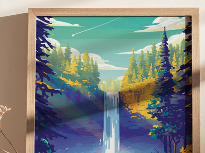 A framed poster depicts a stylized waterfall surrounded by vibrant, colorful trees under a bright sky with clouds and a shooting star.