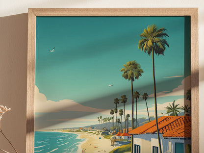 A framed poster depicts a beach scene with tall palm trees, red-roofed buildings, and a serene ocean under a blue sky. Seagulls fly above the coastal landscape.