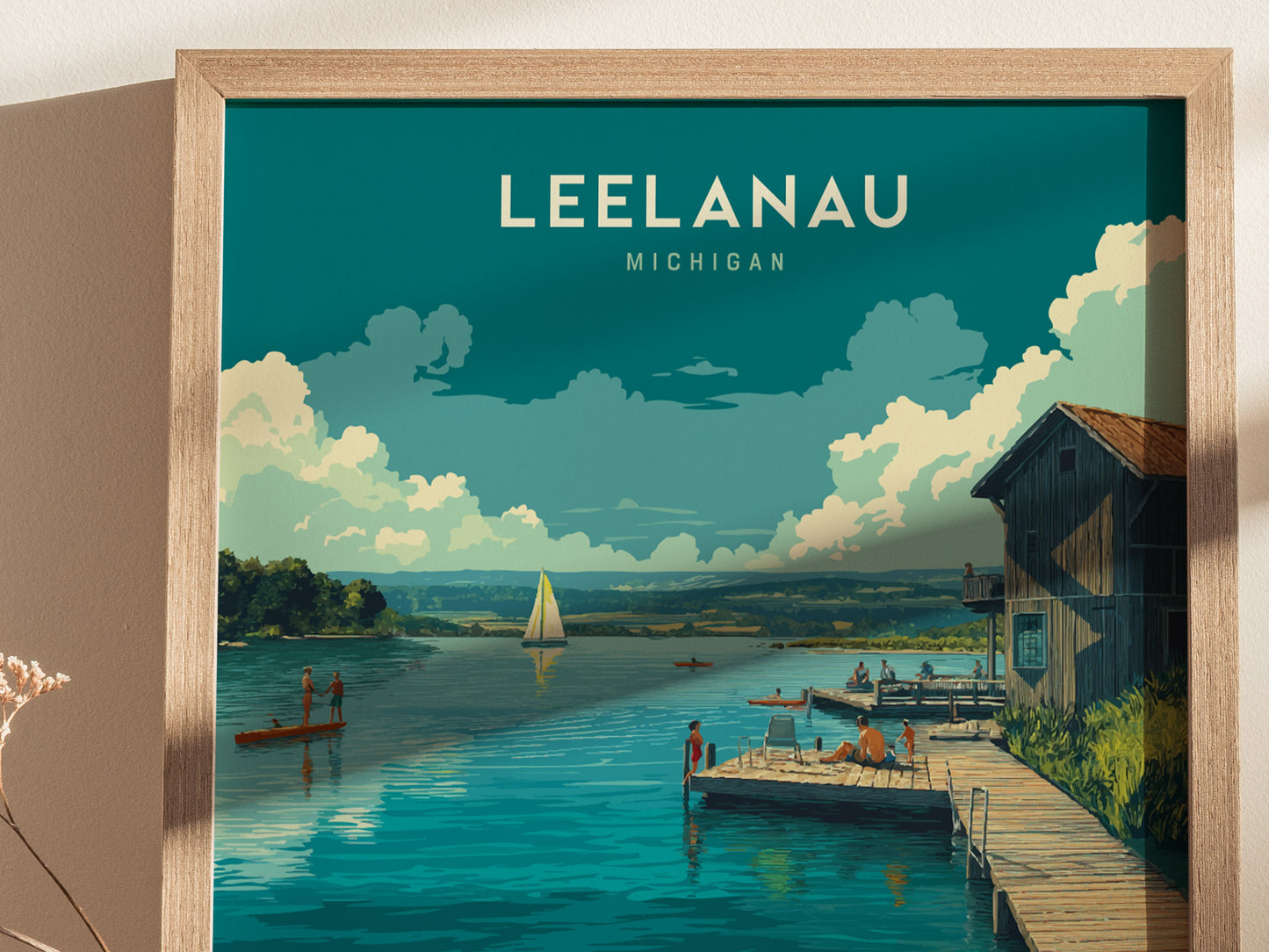 Leelanau Michigan Lake Poster | Rustic Dock Sailboat Wall Art