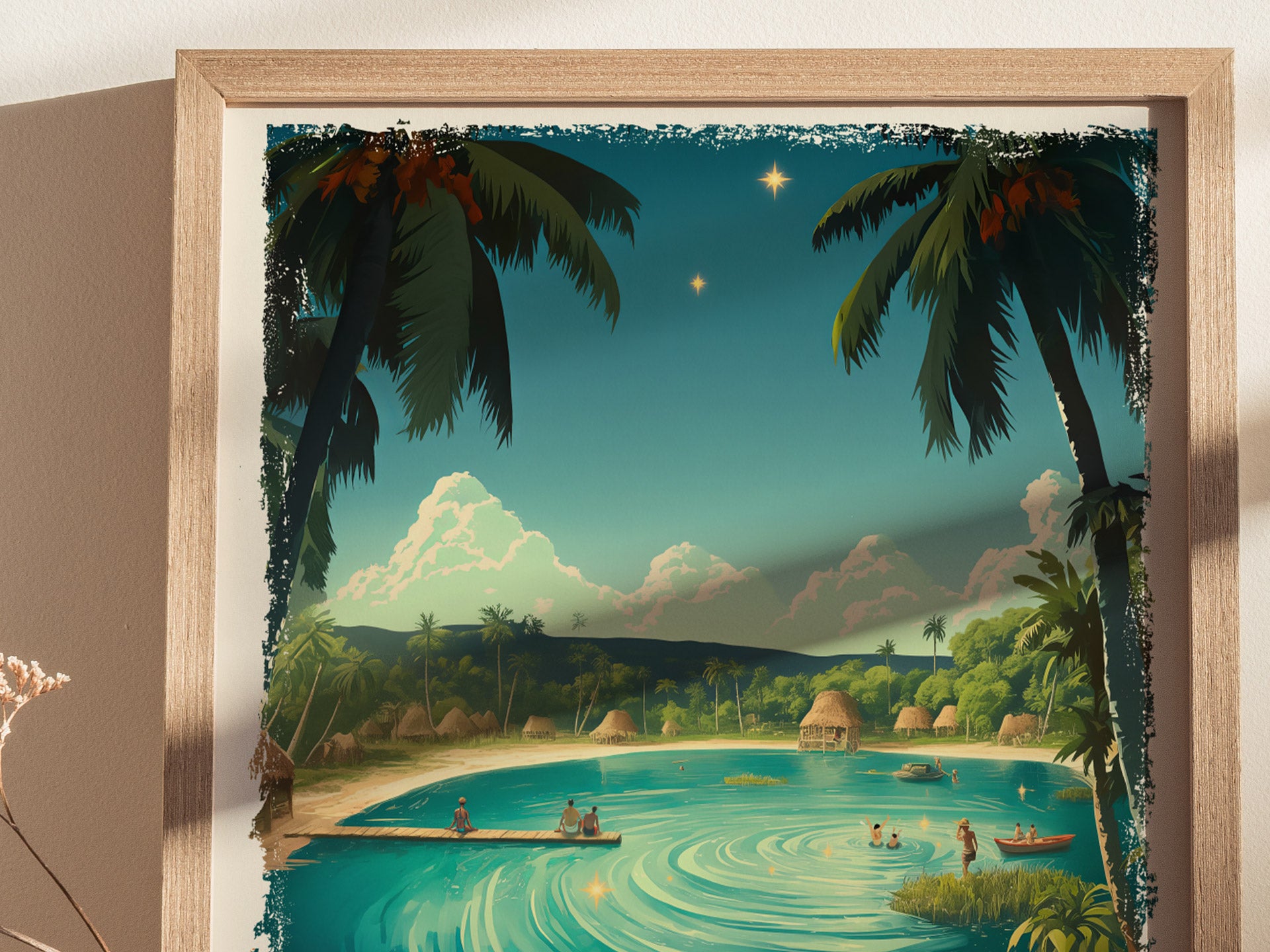 A framed artwork depicts a tropical lagoon scene with palm trees, a wooden pier, and people enjoying the water. The sky is clear with stars and fluffy clouds.