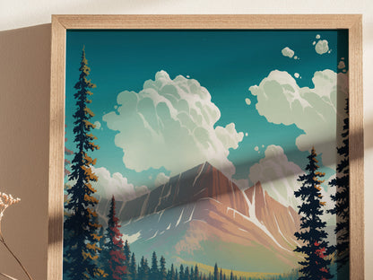 A framed art print depicts a scenic view of a mountain range with towering pine trees and fluffy clouds against a blue sky. The artwork is in a wooden frame.