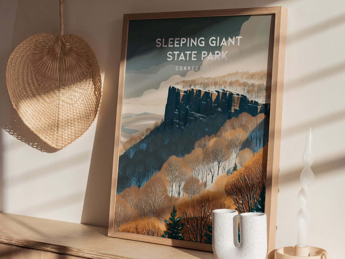 Sleeping Giant State Park, Connecticut Poster | Traprock Ridge Trail Destination Print Wall Art — styled in a modern interior