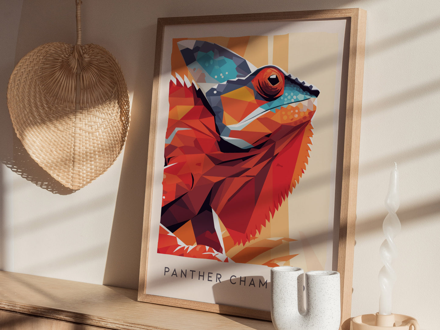 Panther Chameleon Poster | Vibrant Rainforest Reptile Wildlife Wall Art — styled in a modern interior