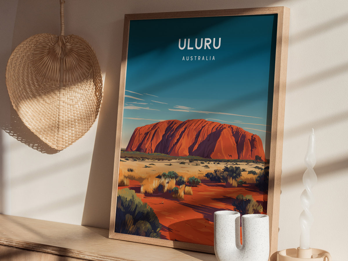 Uluru, Australia Poster | Sacred Red Rock Desert Destination Print Wall Art — styled in a modern interior