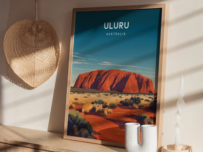 Uluru, Australia Poster | Sacred Red Rock Desert Destination Print Wall Art — styled in a modern interior