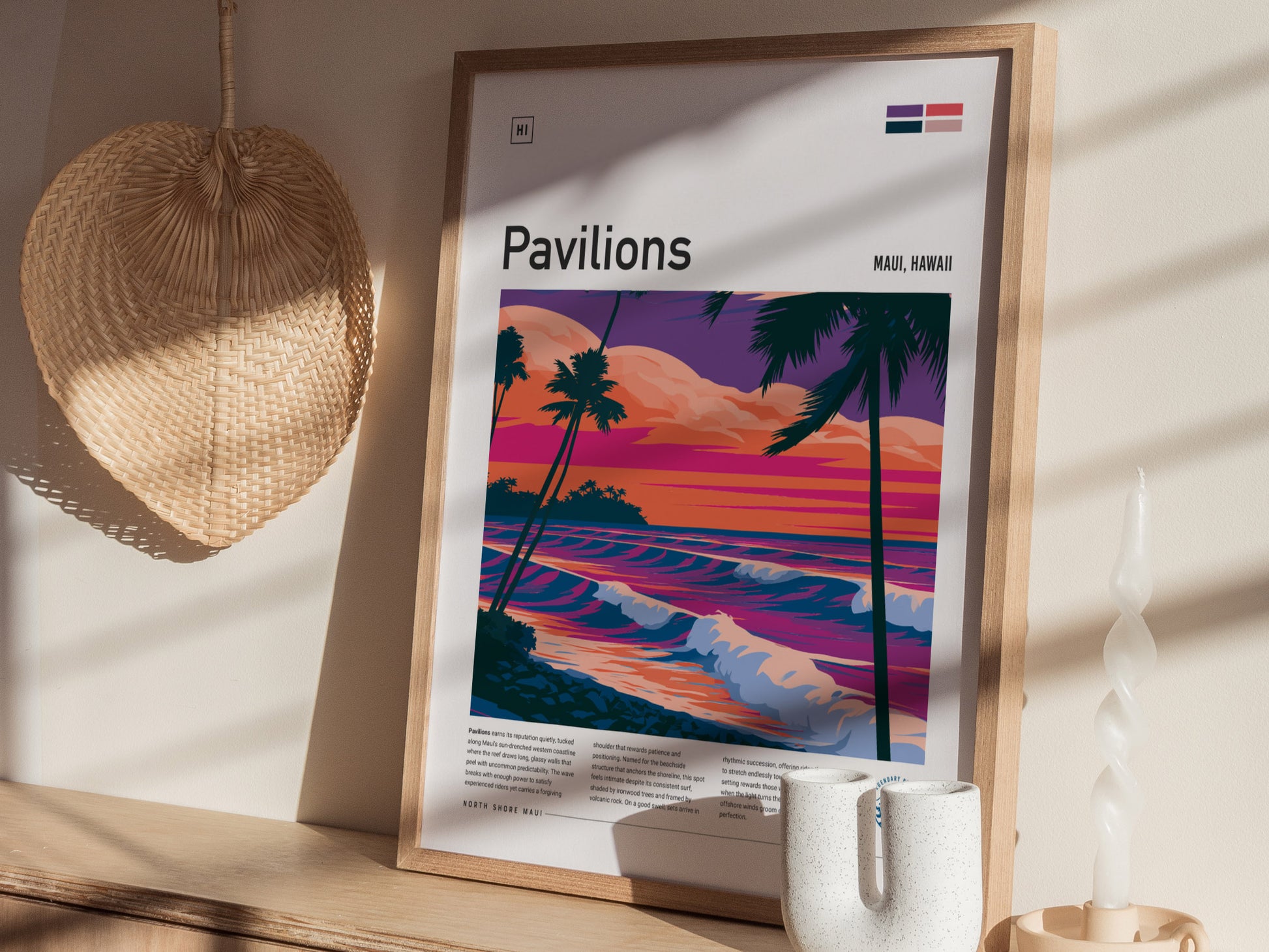 Pavilions, Hawaii Poster | Golden Surf Break Paradise Wall Art — styled in a modern interior