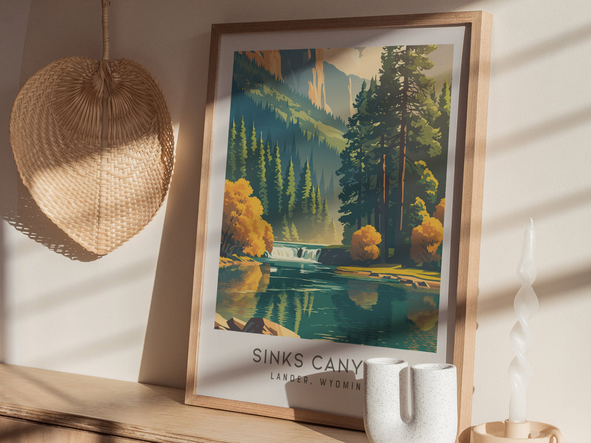 Sinks Canyon Matte Border Poster | Lander, Wyoming Travel Wall Art — styled in a modern interior